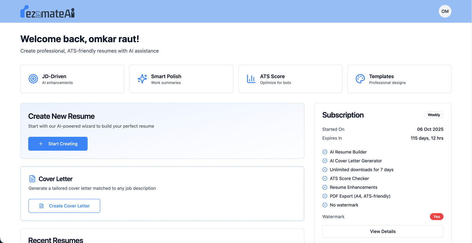 RezomateAI dashboard