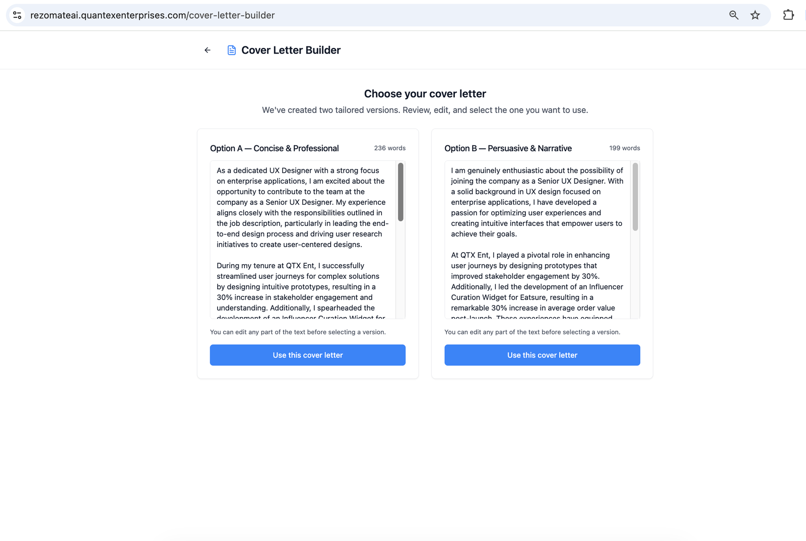 RezomateAI cover letter options